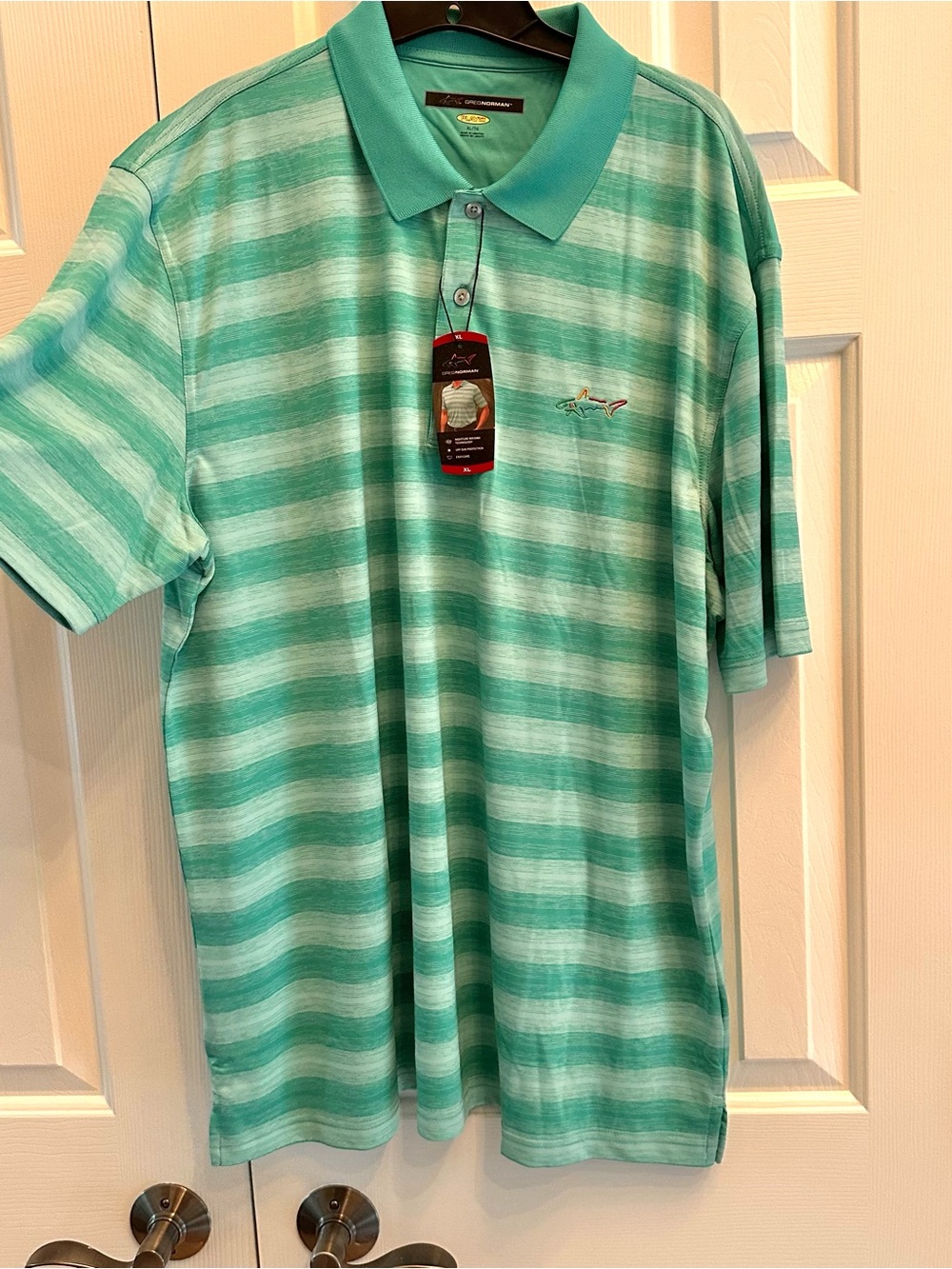 Greg Norman Play Dry Striped Aqua Green Polo